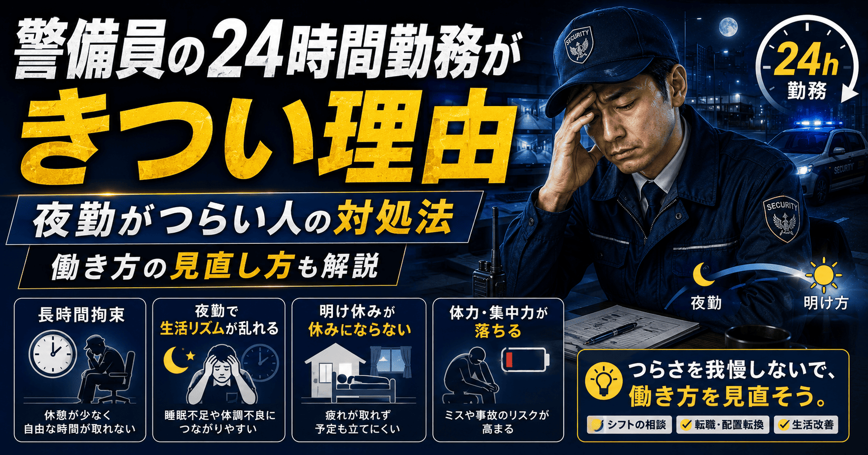 警備員の24時間勤務がきつい理由｜夜勤がつらい人の対処法と働き方の見直し方